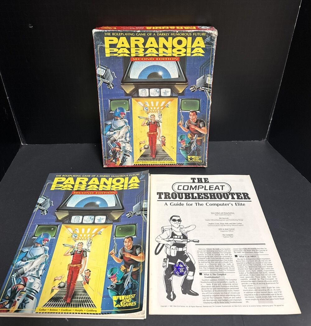 Paranoia Second Edition RPG Box Set West End Games Troubleshooter Rule Book Die
